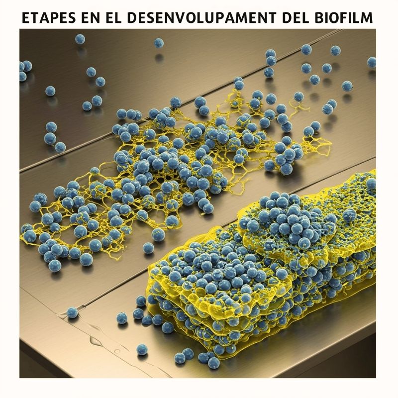 Representació de les etapes de formació del biofilm bacterià.