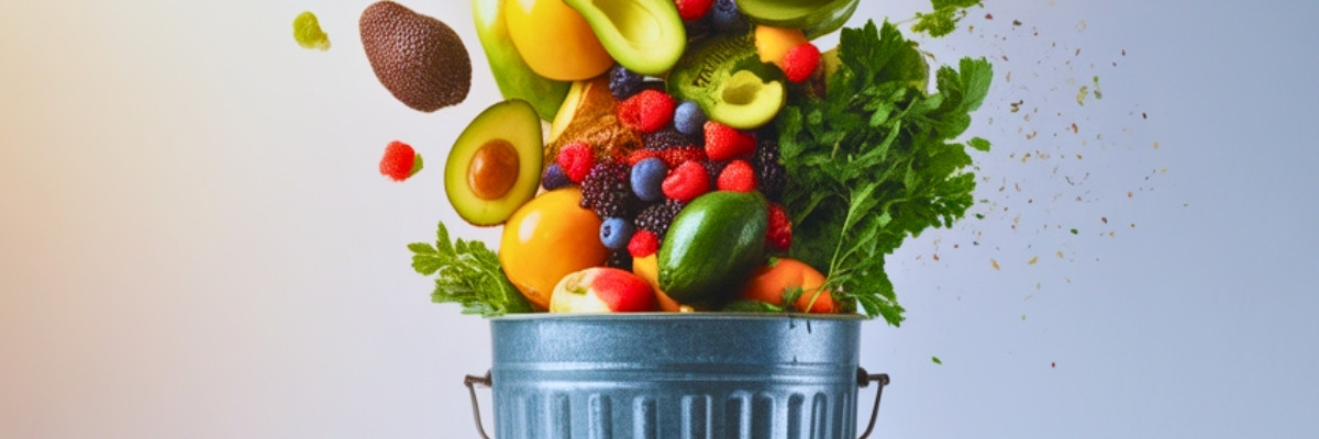 Cubo de basura con alimentos desperdiciados.